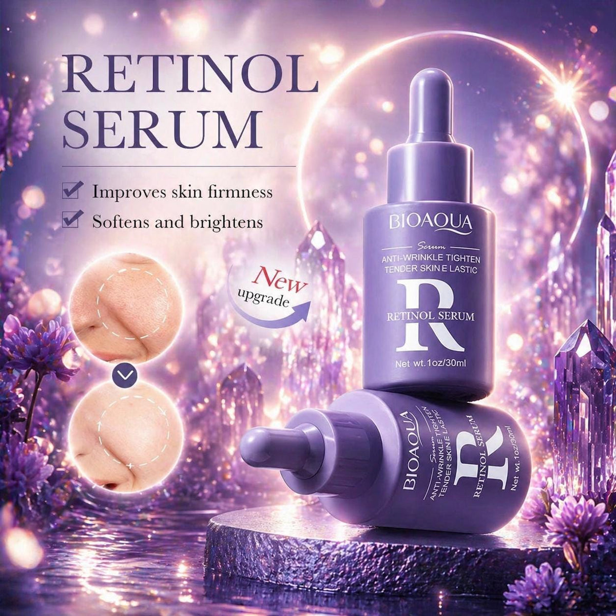 Retinol Serum Bioaqua 30ml – Anti-Wrinkle Firming Serum with Hyaluronic Acid – Anti-Aging Face Care – Smooth & Hydrating Skin Treatment
