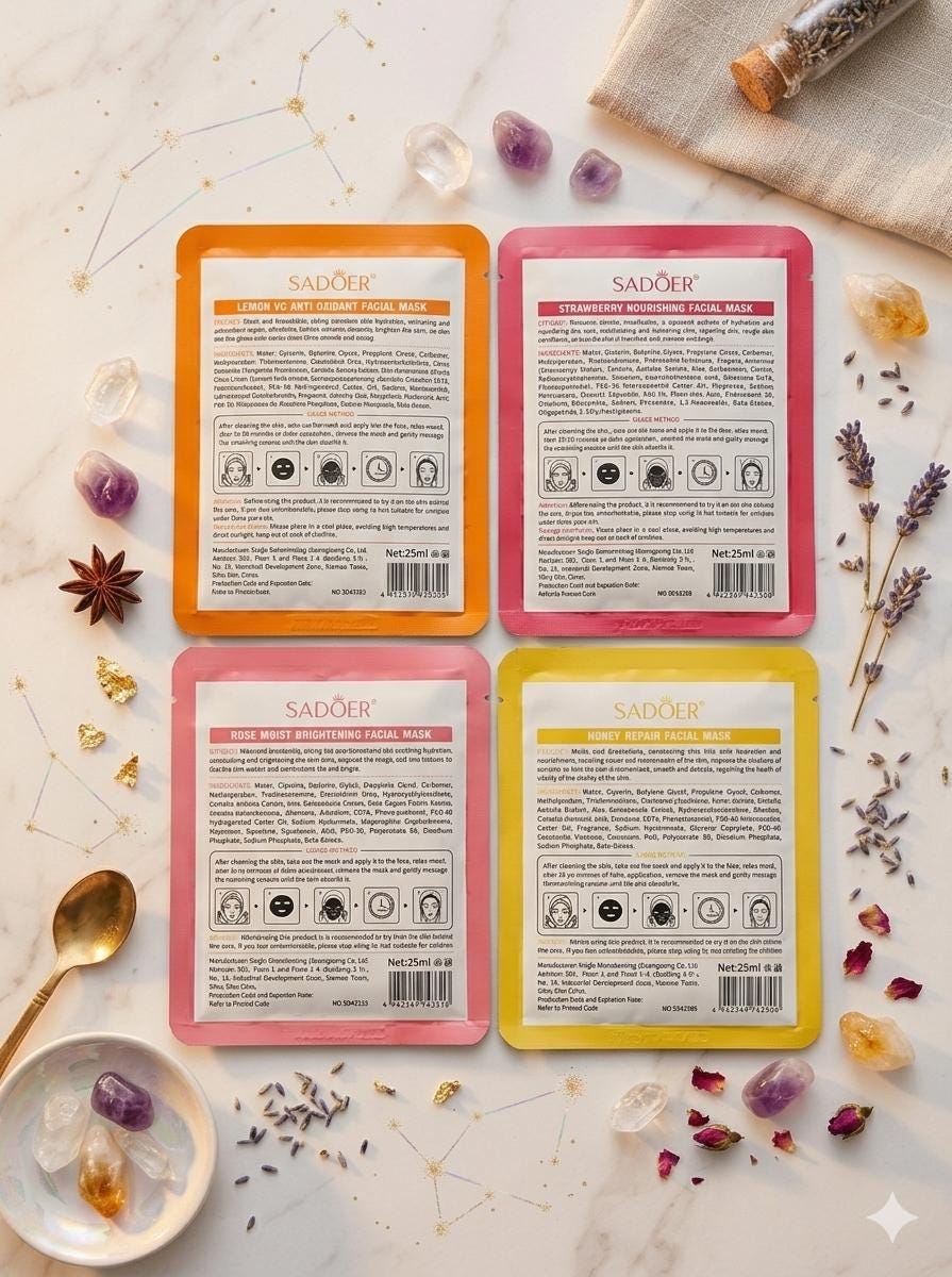 Face Mask Set (4 Pack) – Vitamin C, Strawberry, Rose & Honey Sheet Masks for Glowing Skin, Skincare Gift Set
